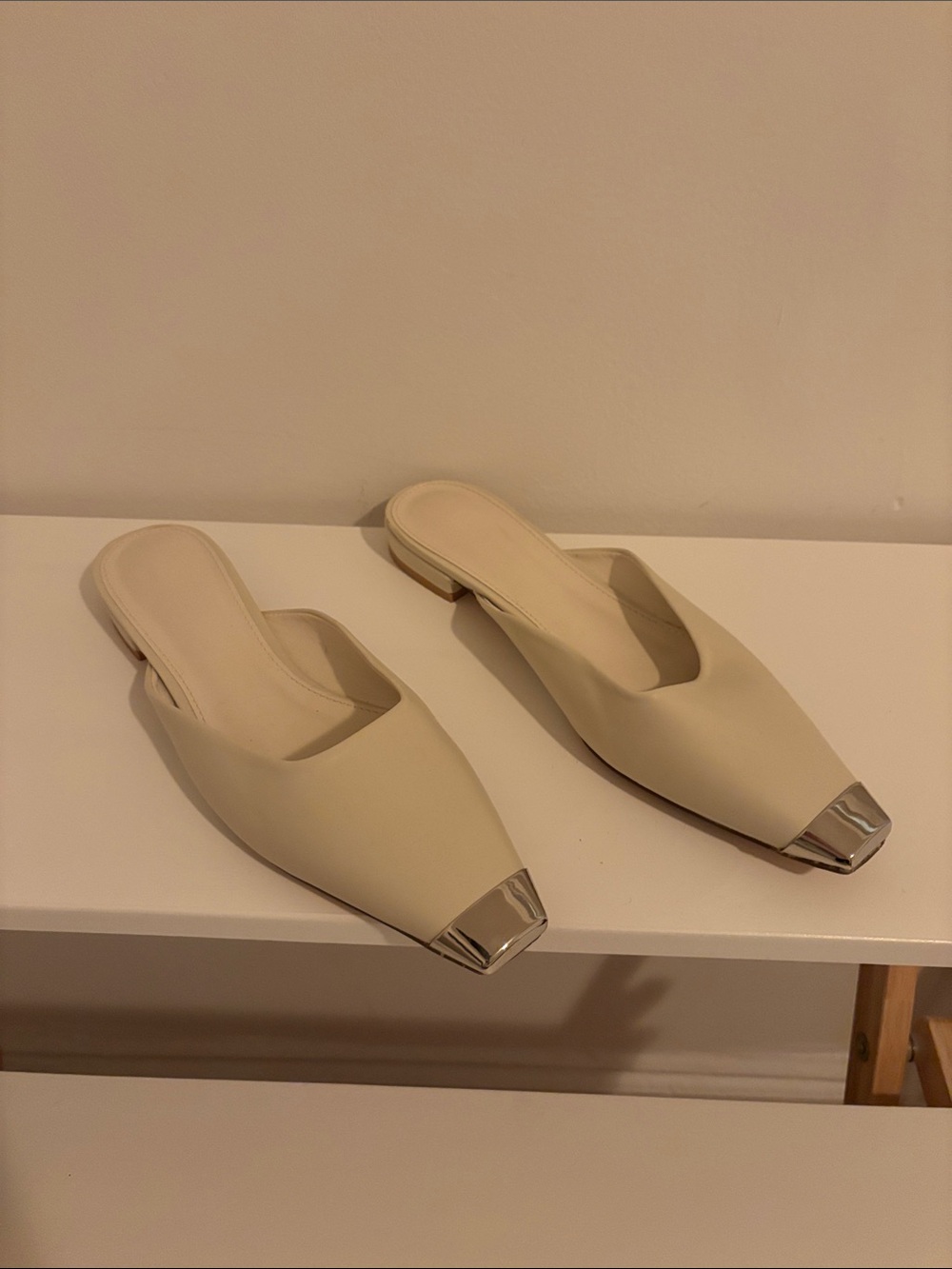 MOTF Cream Slip-On Pointed Mules with Silver Toe Cap